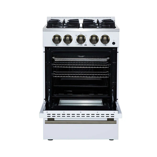 Forno Breno 24 Inch Freestanding Gas Range in Black/White with Antique Brass, Compact Design