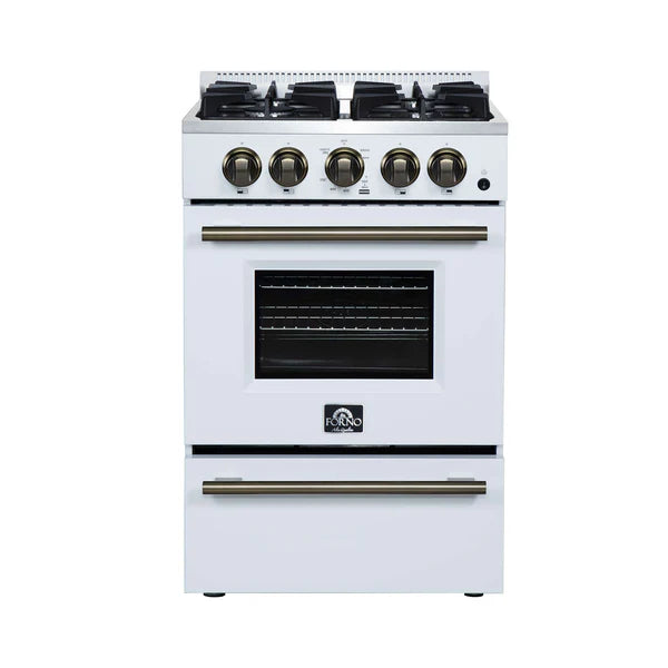 Forno Breno 24 Inch Freestanding Gas Range in Black/White with Antique Brass, Compact Design