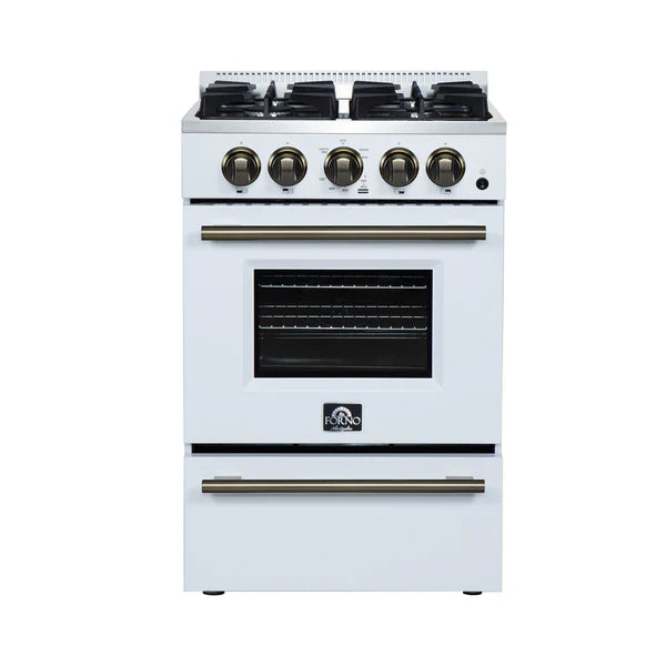 Forno Breno 24 Inch Freestanding Gas Range in Black/White with Antique Brass, Compact Design