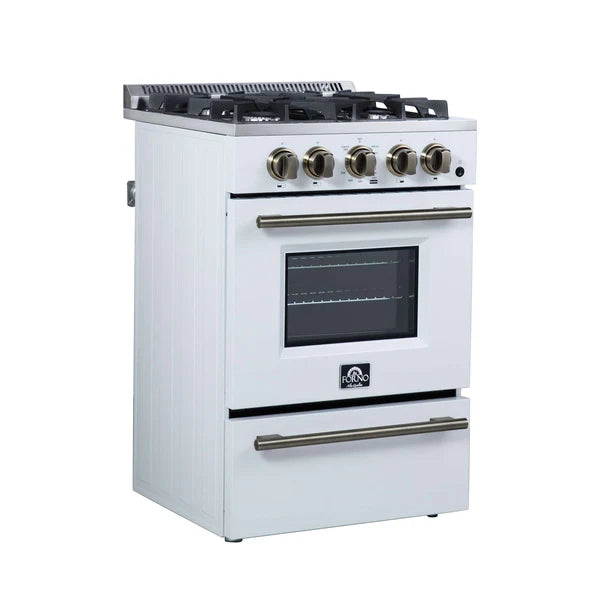 Forno Breno 24 Inch Freestanding Gas Range in Black/White with Antique Brass, Compact Design