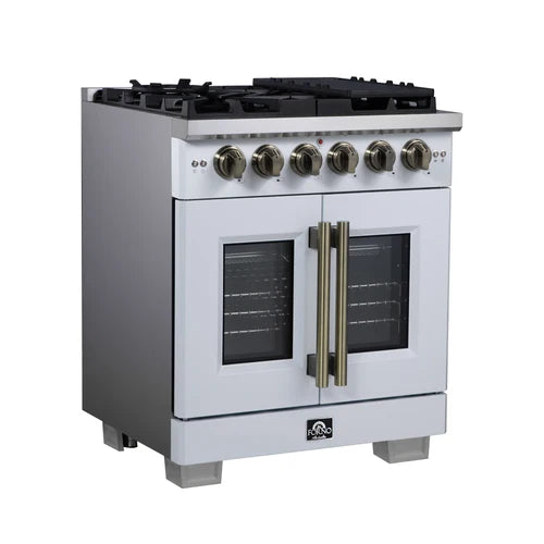 Forno Capriasca 30-Inch White Freestanding French Door Gas Range, 4 Burners, Convection Oven, Energy Efficient