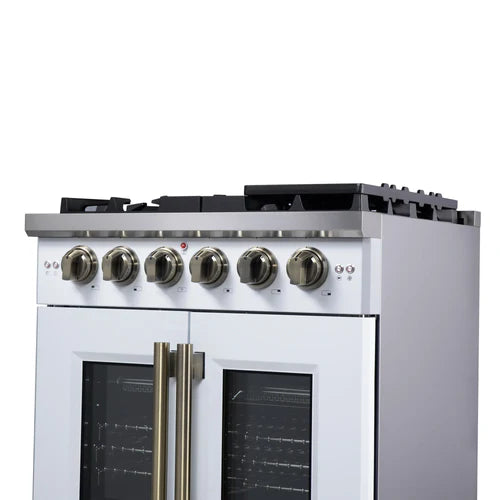 Forno Capriasca 30-Inch White Freestanding French Door Gas Range, 4 Burners, Convection Oven, Energy Efficient