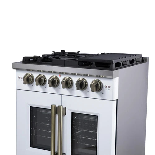 Forno Capriasca 30-Inch White Freestanding French Door Gas Range, 4 Burners, Convection Oven, Energy Efficient