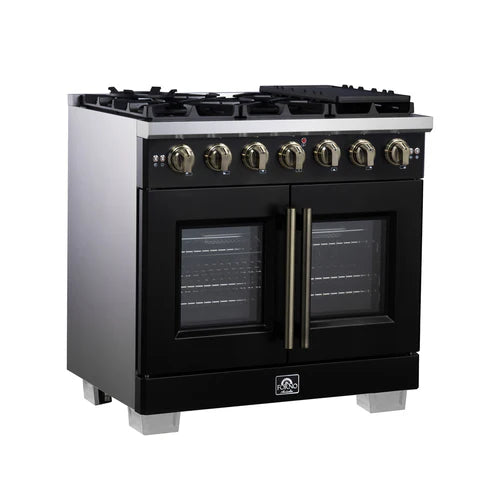 Forno Capriasca 36-Inch Freestanding French Door Gas Range, 6 Burners, Convection Oven, Energy Efficient