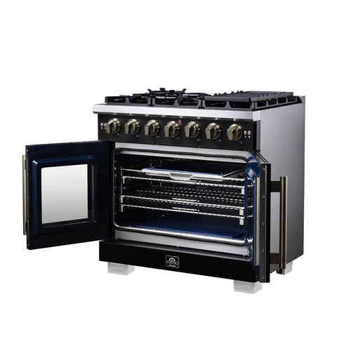 Forno Capriasca 36-Inch Freestanding French Door Gas Range, 6 Burners, Convection Oven, Energy Efficient