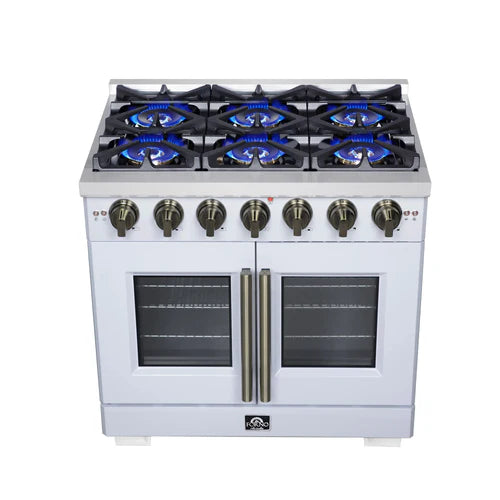 Forno Capriasca 36-Inch Freestanding French Door Gas Range, 6 Burners, Convection Oven, Energy Efficient