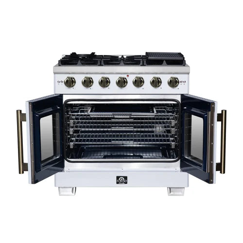 Forno Capriasca 36-Inch Freestanding French Door Gas Range, 6 Burners, Convection Oven, Energy Efficient