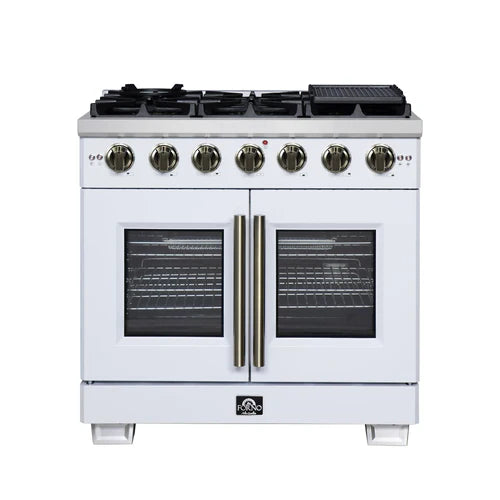 Forno Capriasca 36-Inch Freestanding French Door Gas Range, 6 Burners, Convection Oven, Energy Efficient