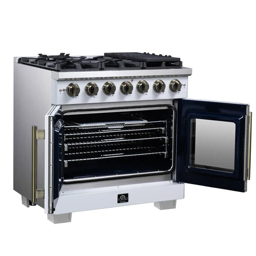 Forno Capriasca 36-Inch Freestanding French Door Gas Range, 6 Burners, Convection Oven, Energy Efficient