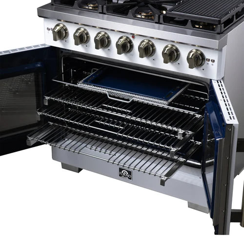 Forno Capriasca 36-Inch Freestanding French Door Gas Range, 6 Burners, Convection Oven, Energy Efficient