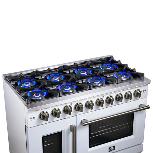 Forno Capriasca 48-Inch Freestanding French Door Gas Range, 8 Burners, Convection Oven, Energy Efficient