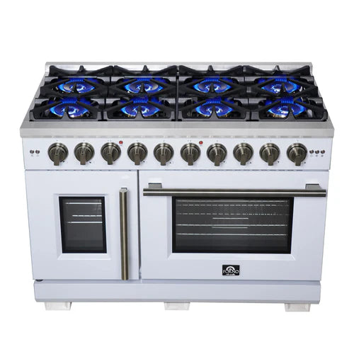 Forno Capriasca 48-Inch Freestanding French Door Gas Range, 8 Burners, Convection Oven, Energy Efficient