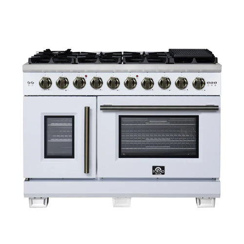 Forno Capriasca 48-Inch Freestanding French Door Gas Range, 8 Burners, Convection Oven, Energy Efficient