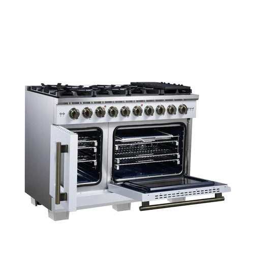 Forno Capriasca 48-Inch Freestanding French Door Gas Range, 8 Burners, Convection Oven, Energy Efficient