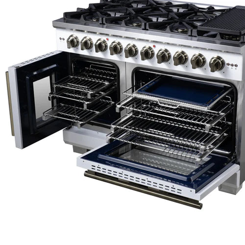 Forno Capriasca 48-Inch Freestanding French Door Gas Range, 8 Burners, Convection Oven, Energy Efficient