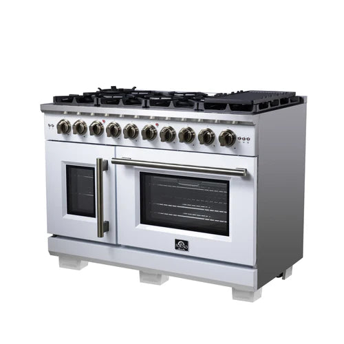 Forno Capriasca 48-Inch Freestanding French Door Gas Range, 8 Burners, Convection Oven, Energy Efficient