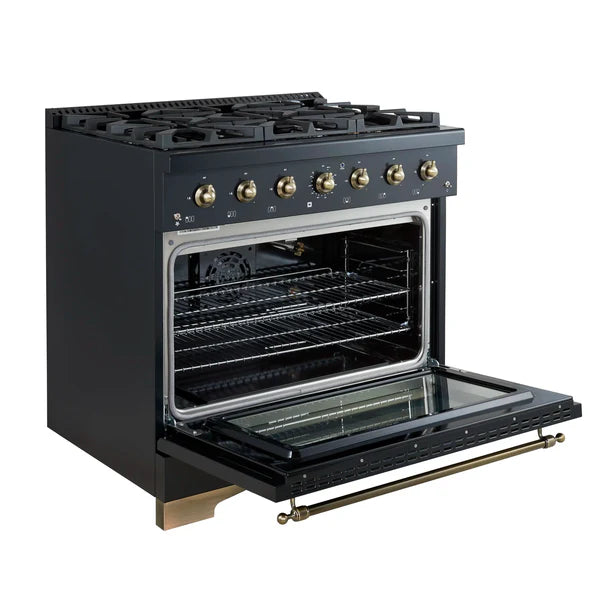Forno Antico 36-inch Dual Fuel Range White and Antique Brass Design with 6 Sealed Gas Burners and Electric Convection Oven