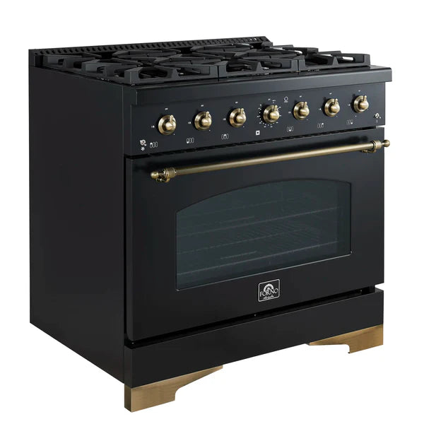 Forno Antico 36-Inch Freestanding Gas Range, White, Antique Brass Design, 6 Burners, Convection Oven, Energy Efficient