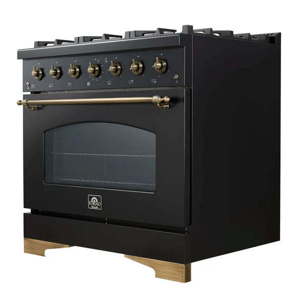 Forno Antico 36-Inch Freestanding Gas Range, White, Antique Brass Design, 6 Burners, Convection Oven, Energy Efficient