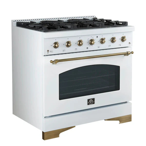 Forno Antico 36-inch Dual Fuel Range White and Antique Brass Design with 6 Sealed Gas Burners and Electric Convection Oven