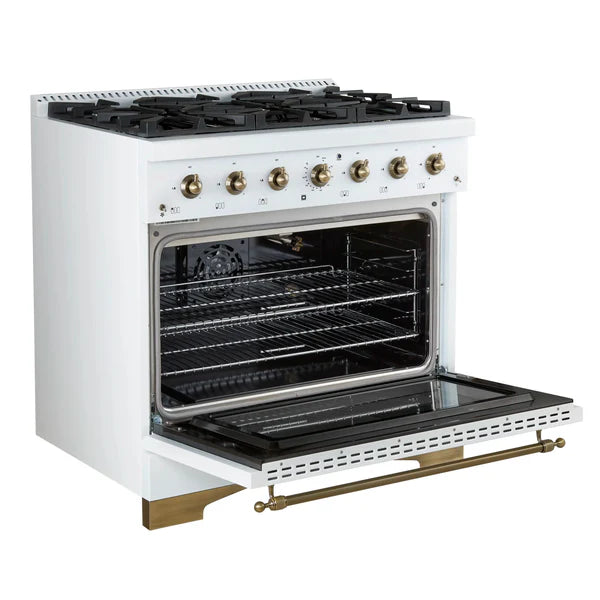 Forno Antico 36-inch Dual Fuel Range White and Antique Brass Design with 6 Sealed Gas Burners and Electric Convection Oven