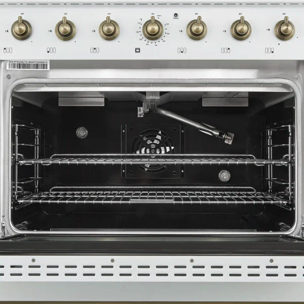 Forno Antico 36-inch Dual Fuel Range White and Antique Brass Design with 6 Sealed Gas Burners and Electric Convection Oven