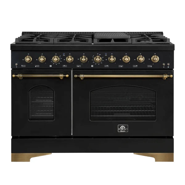 Forno Antico 48-Inch Freestanding Gas Range, White, Antique Brass Design, 8 Burners, Griddle, Double Ovens, Energy Efficient