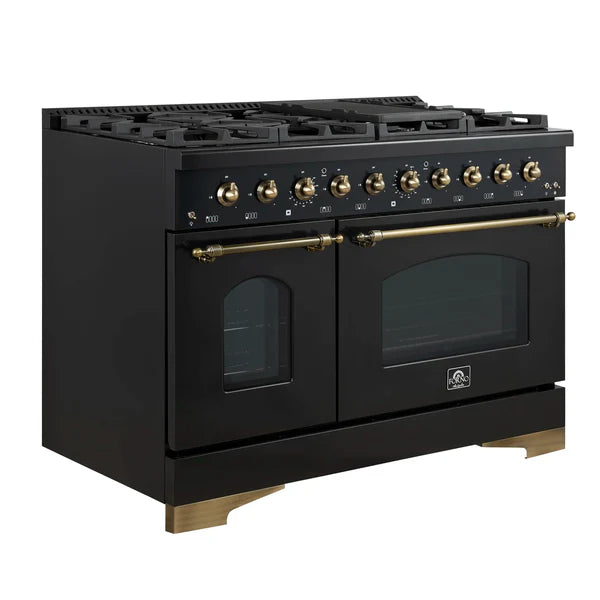 Forno Antico 48-Inch Dual Fuel Range, White with Antique Brass Finish, 8 Burners, 94,000 BTU, 5.5 cu.ft. Double Ovens & Griddle