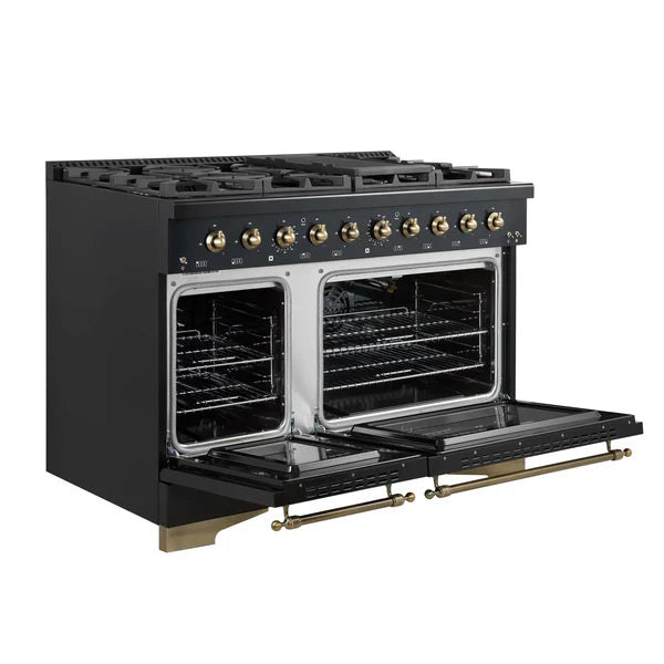 Forno Antico 48-Inch Dual Fuel Range, White with Antique Brass Finish, 8 Burners, 94,000 BTU, 5.5 cu.ft. Double Ovens & Griddle