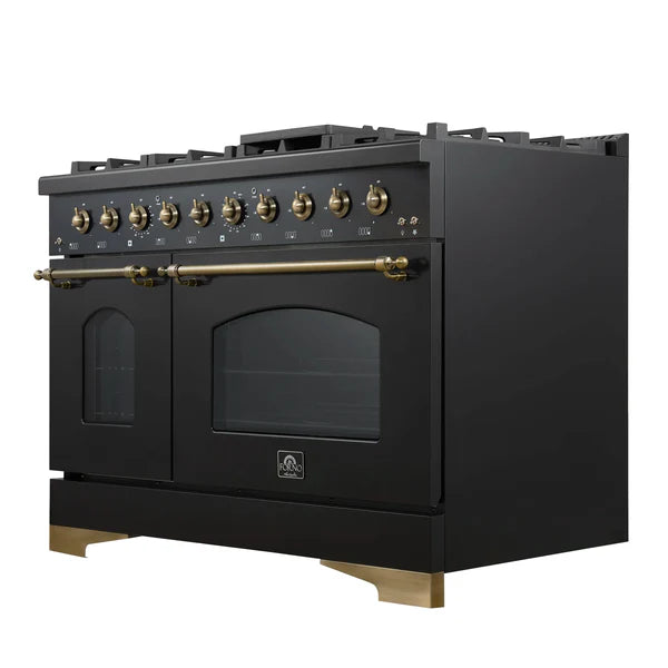 Forno Antico 48-Inch Dual Fuel Range, White with Antique Brass Finish, 8 Burners, 94,000 BTU, 5.5 cu.ft. Double Ovens & Griddle
