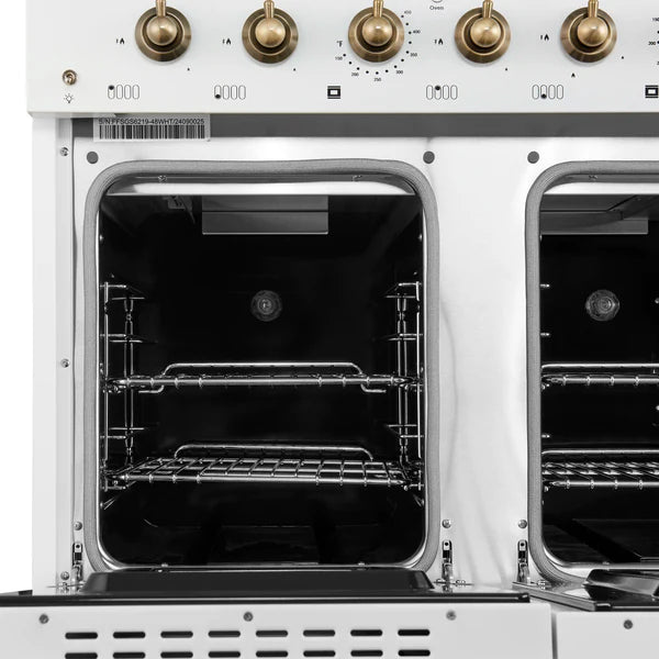 Forno Antico 48-Inch Dual Fuel Range, White with Antique Brass Finish, 8 Burners, 94,000 BTU, 5.5 cu.ft. Double Ovens & Griddle