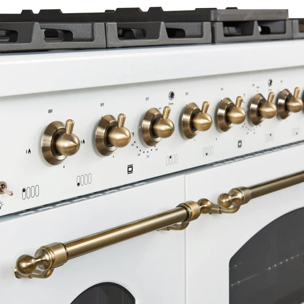 Forno Antico 48-Inch Dual Fuel Range, White with Antique Brass Finish, 8 Burners, 94,000 BTU, 5.5 cu.ft. Double Ovens & Griddle