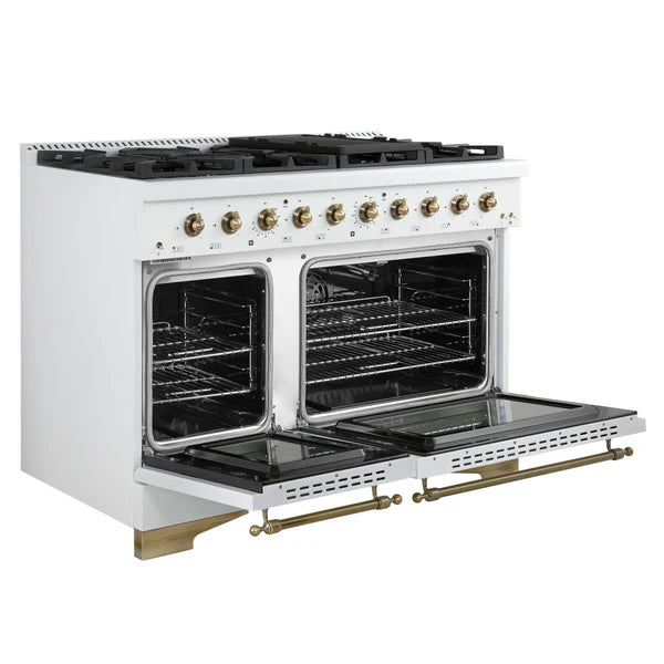 Forno Antico 48-Inch Dual Fuel Range, White with Antique Brass Finish, 8 Burners, 94,000 BTU, 5.5 cu.ft. Double Ovens & Griddle