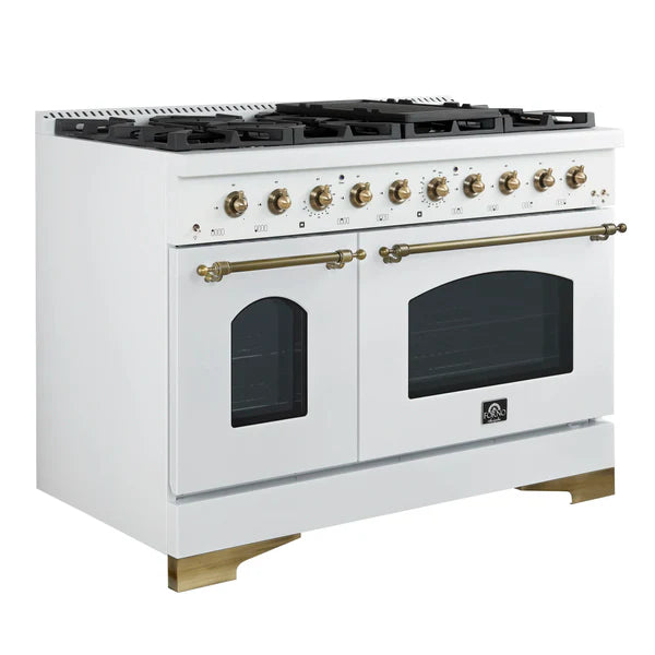Forno Antico 48-Inch Dual Fuel Range, White with Antique Brass Finish, 8 Burners, 94,000 BTU, 5.5 cu.ft. Double Ovens & Griddle