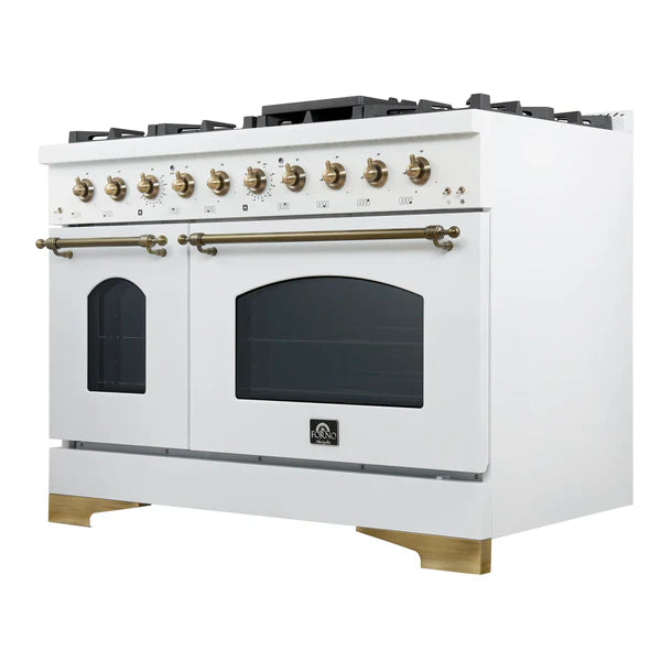 Forno Antico 48-Inch Dual Fuel Range, White with Antique Brass Finish, 8 Burners, 94,000 BTU, 5.5 cu.ft. Double Ovens & Griddle