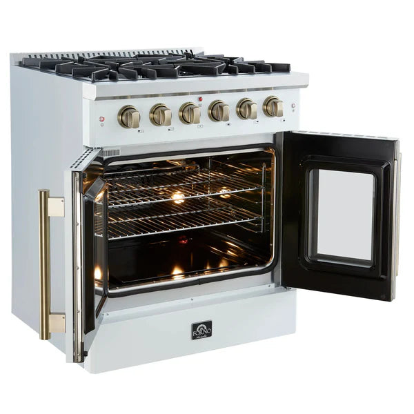 Forno Galiano 30-Inch Freestanding French Door Gas Range, 4 Burners, Convection Oven, Energy Efficient