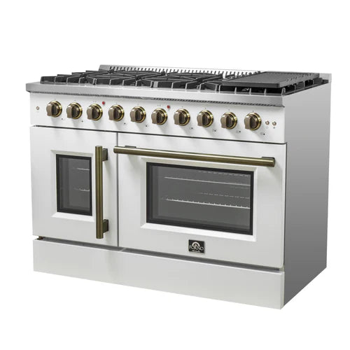 Forno Galiano 48-Inch Freestanding French Door Gas Range, 8 Burners, Griddle, Convection Oven, Energy Efficient