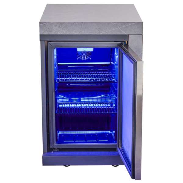 Rimini Outdoor Kitchen: 30" BBQ 62,600 BTU, 2.4 cu.ft. Refrigerator, Gray Countertops