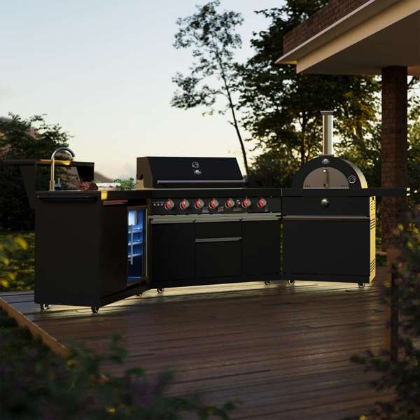 All'Aperto 87,600 BTU BBQ, Sink & Bar Module, Gas Pizza Oven, Black Sintered Stone Countertops