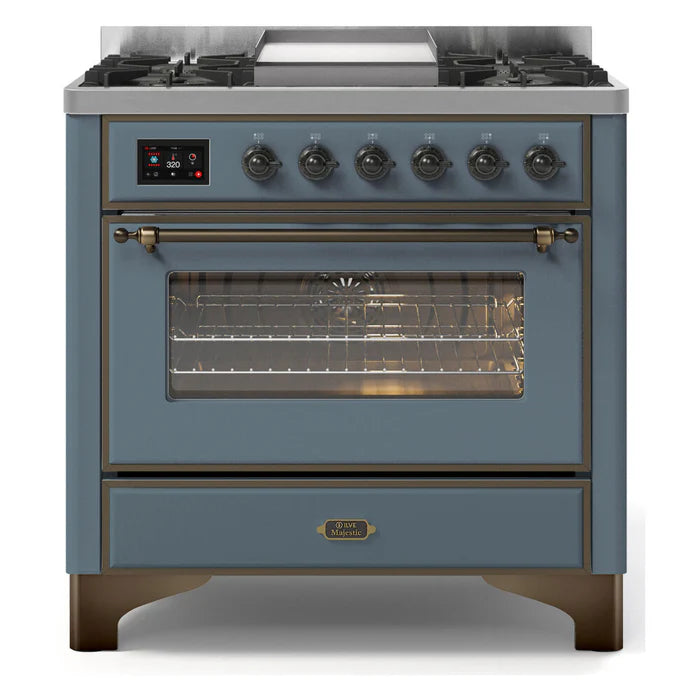 ILVE 36 Inch Majestic II Series Dual Fuel Natural Gas Range with 6 Burners and Griddle with 3.5 cu. ft. Oven Capacity TFT Oven Control Display (UM09FDNS3)