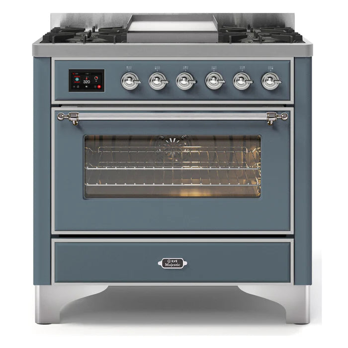 ILVE 36 Inch Majestic II Series Dual Fuel Natural Gas Range with 6 Burners and Griddle with 3.5 cu. ft. Oven Capacity TFT Oven Control Display (UM09FDNS3)