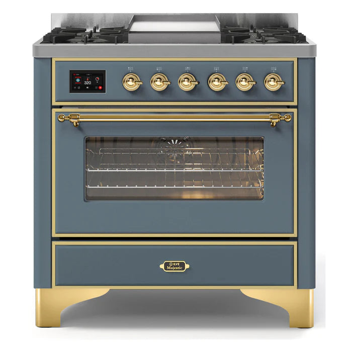 ILVE 36 Inch Majestic II Series Dual Fuel Natural Gas Range with 6 Burners and Griddle with 3.5 cu. ft. Oven Capacity TFT Oven Control Display (UM09FDNS3)