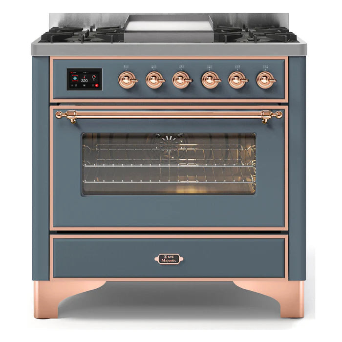 ILVE 36 Inch Majestic II Series Dual Fuel Natural Gas Range with 6 Burners and Griddle with 3.5 cu. ft. Oven Capacity TFT Oven Control Display (UM09FDNS3)