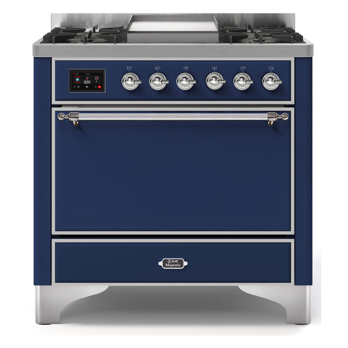 ILVE 36 Inch Majestic II Series Natural/ Propane Gas Burner and Electric Oven Range with 6 Sealed Burners (UM09FDQNS3)