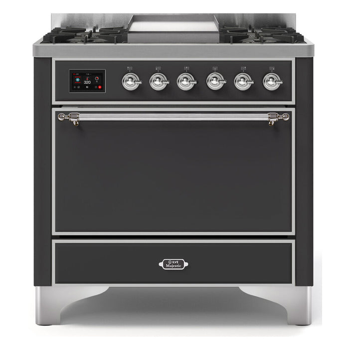 ILVE 36 Inch Majestic II Series Natural/ Propane Gas Burner and Electric Oven Range with 6 Sealed Burners (UM09FDQNS3)