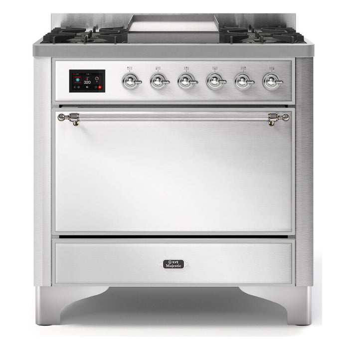 ILVE 36 Inch Majestic II Series Natural/ Propane Gas Burner and Electric Oven Range with 6 Sealed Burners (UM09FDQNS3)