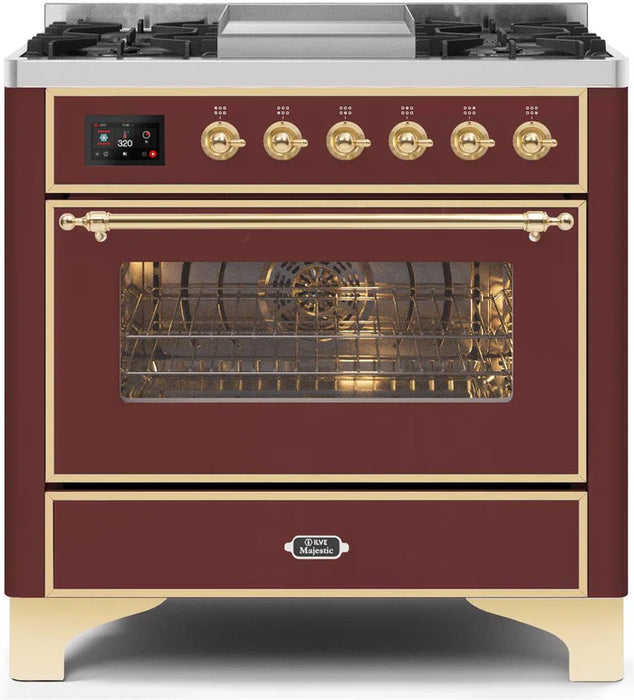 ILVE 36 Inch Majestic II Series Dual Fuel Natural Gas Range with 6 Burners and Griddle with 3.5 cu. ft. Oven Capacity TFT Oven Control Display (UM09FDNS3)