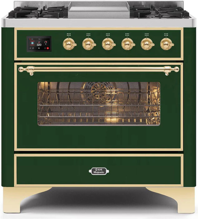 ILVE 36 Inch Majestic II Series Dual Fuel Natural Gas Range with 6 Burners and Griddle with 3.5 cu. ft. Oven Capacity TFT Oven Control Display (UM09FDNS3)