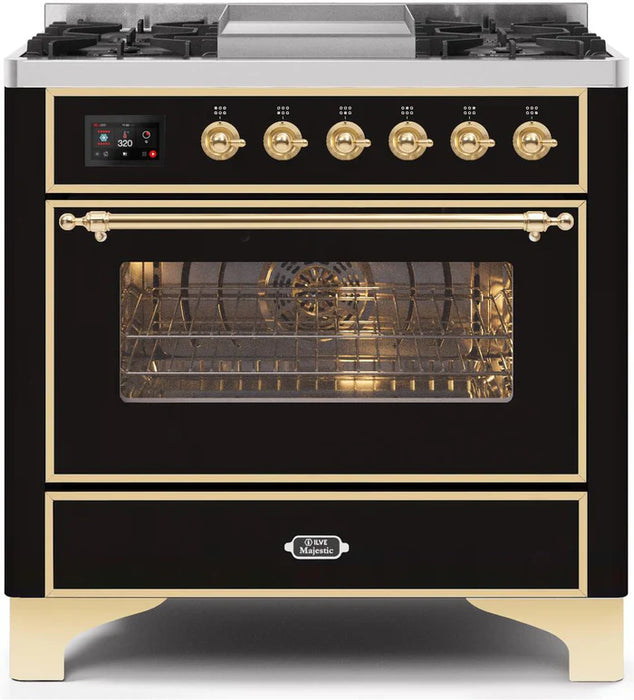 ILVE 36 Inch Majestic II Series Dual Fuel Natural Gas Range with 6 Burners and Griddle with 3.5 cu. ft. Oven Capacity TFT Oven Control Display (UM09FDNS3)