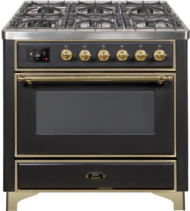 ILVE 36 Inch Majestic II Series Dual Fuel Natural Gas Range with 6 Burners and Griddle with 3.5 cu. ft. Oven Capacity TFT Oven Control Display (UM09FDNS3)